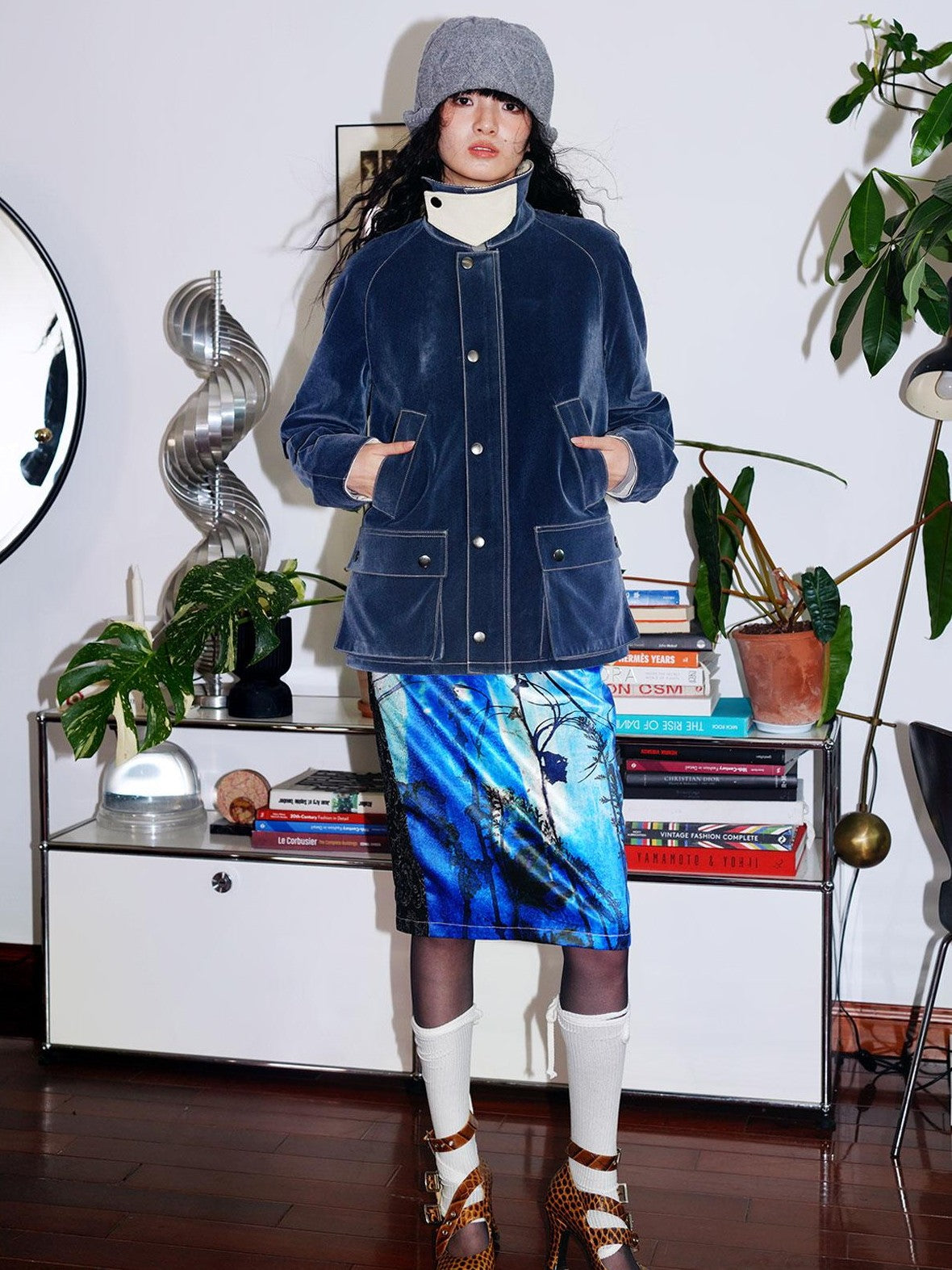 badtaste Western Vintage Printed Patchwork Low Waist H Line Women's Denim Midi Skirts