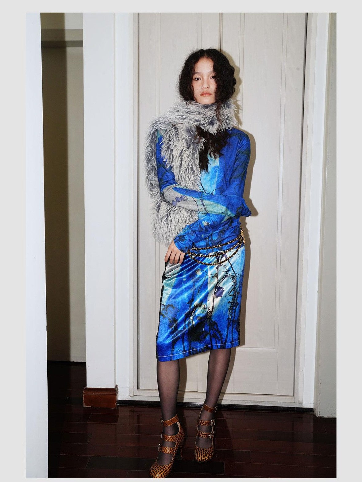 badtaste Western Vintage Printed Patchwork Low Waist H Line Women's Denim Midi Skirts