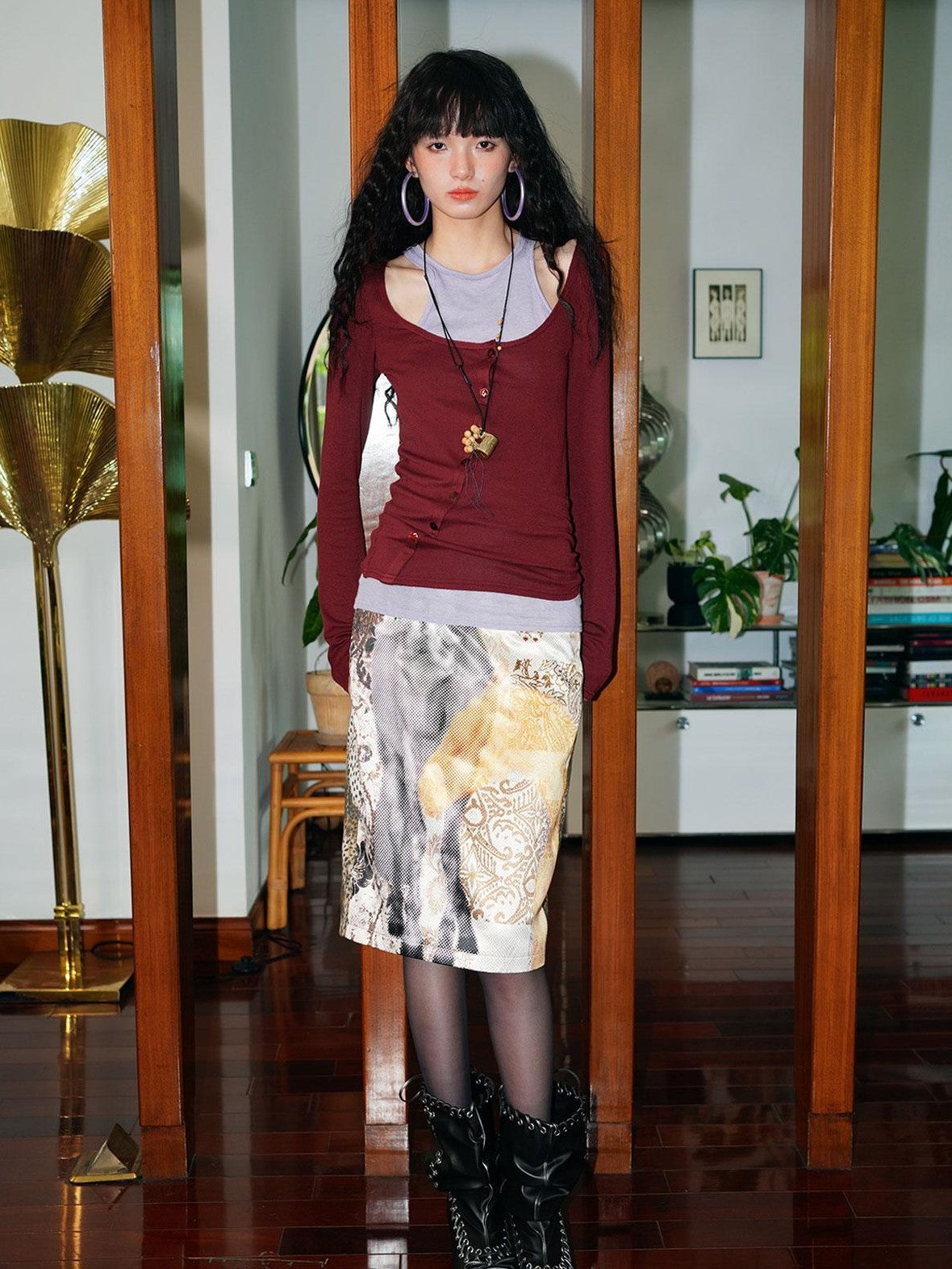 badtaste Western Vintage Printed Patchwork Low Waist H Line Women's Denim Midi Skirts