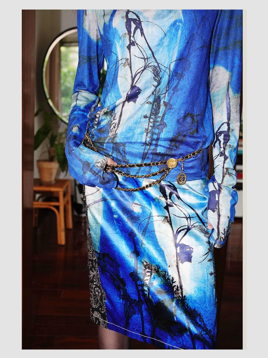 badtaste Western Vintage Printed Patchwork Low Waist H Line Women's Denim Midi Skirts