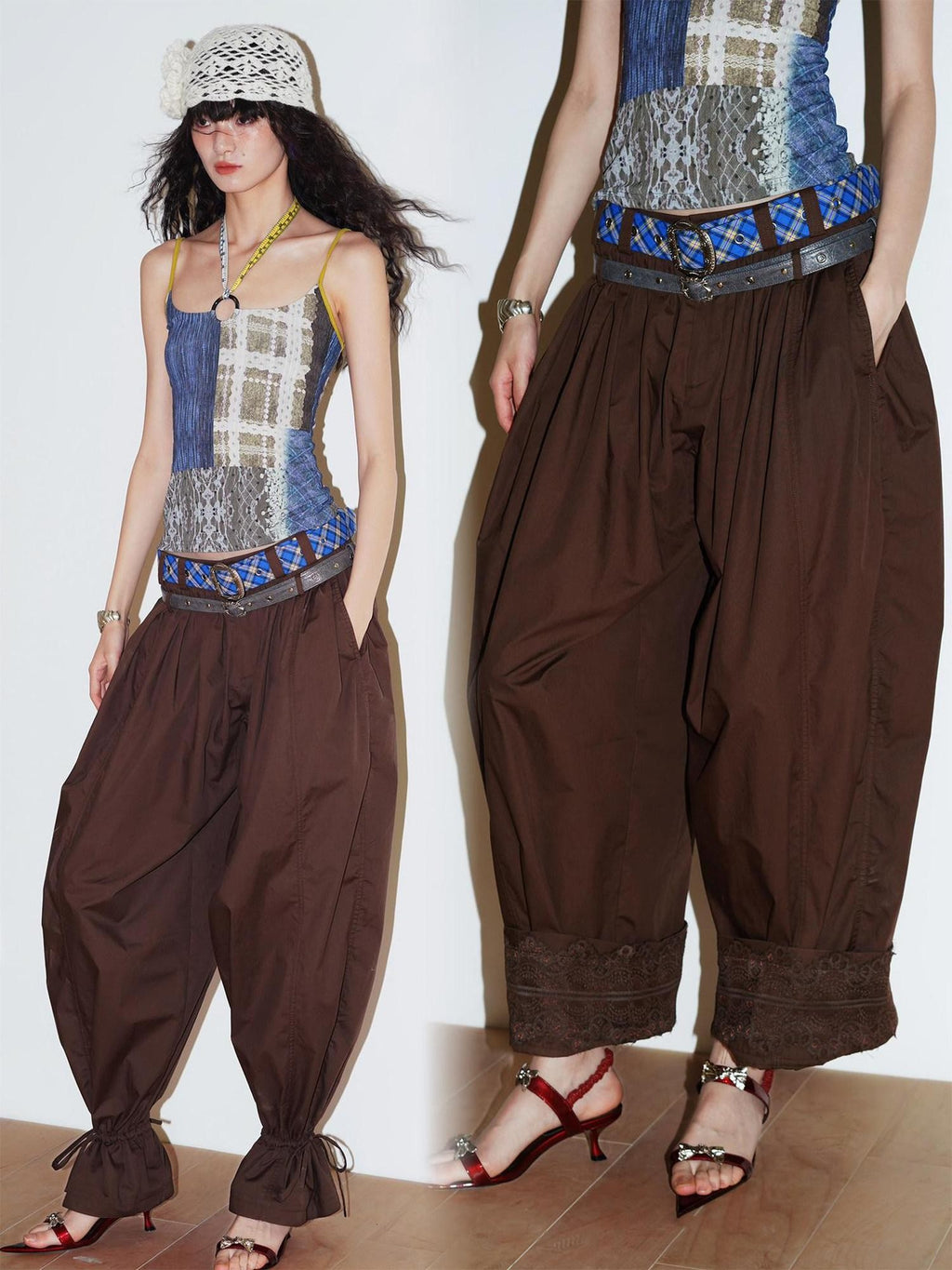 badtaste Western Vintage Solid Balloon Silhouette Cinched Cuff Women's Wide-leg Pants