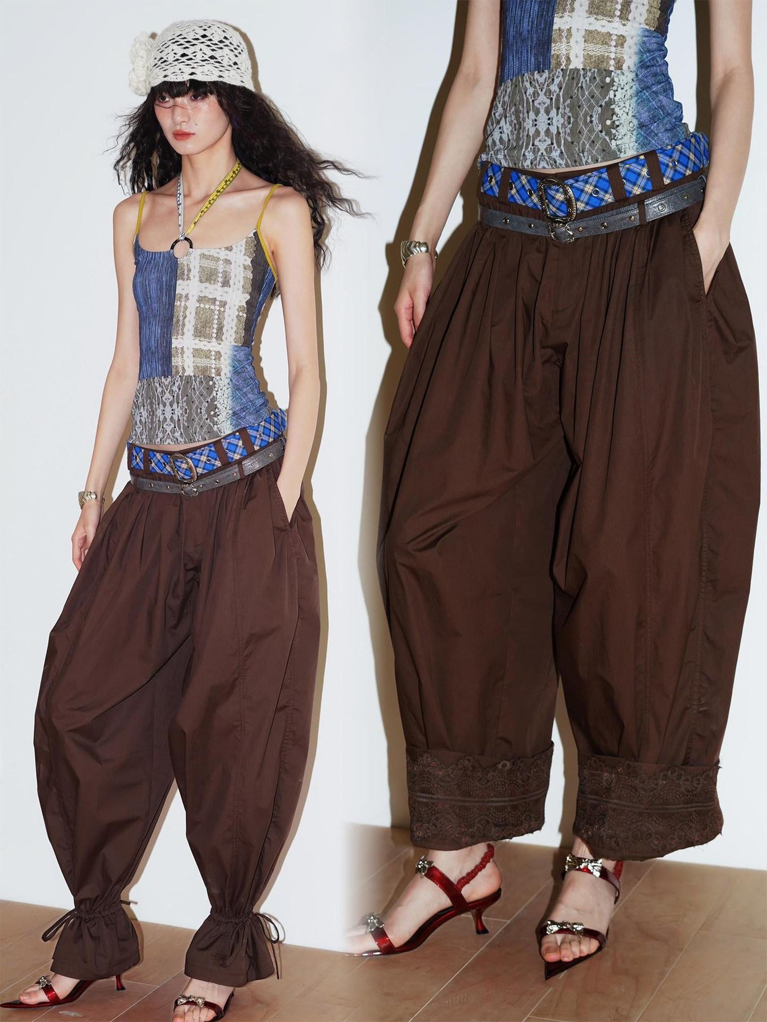badtaste Western Vintage Solid Balloon Silhouette Cinched Cuff Women's Wide-leg Pants