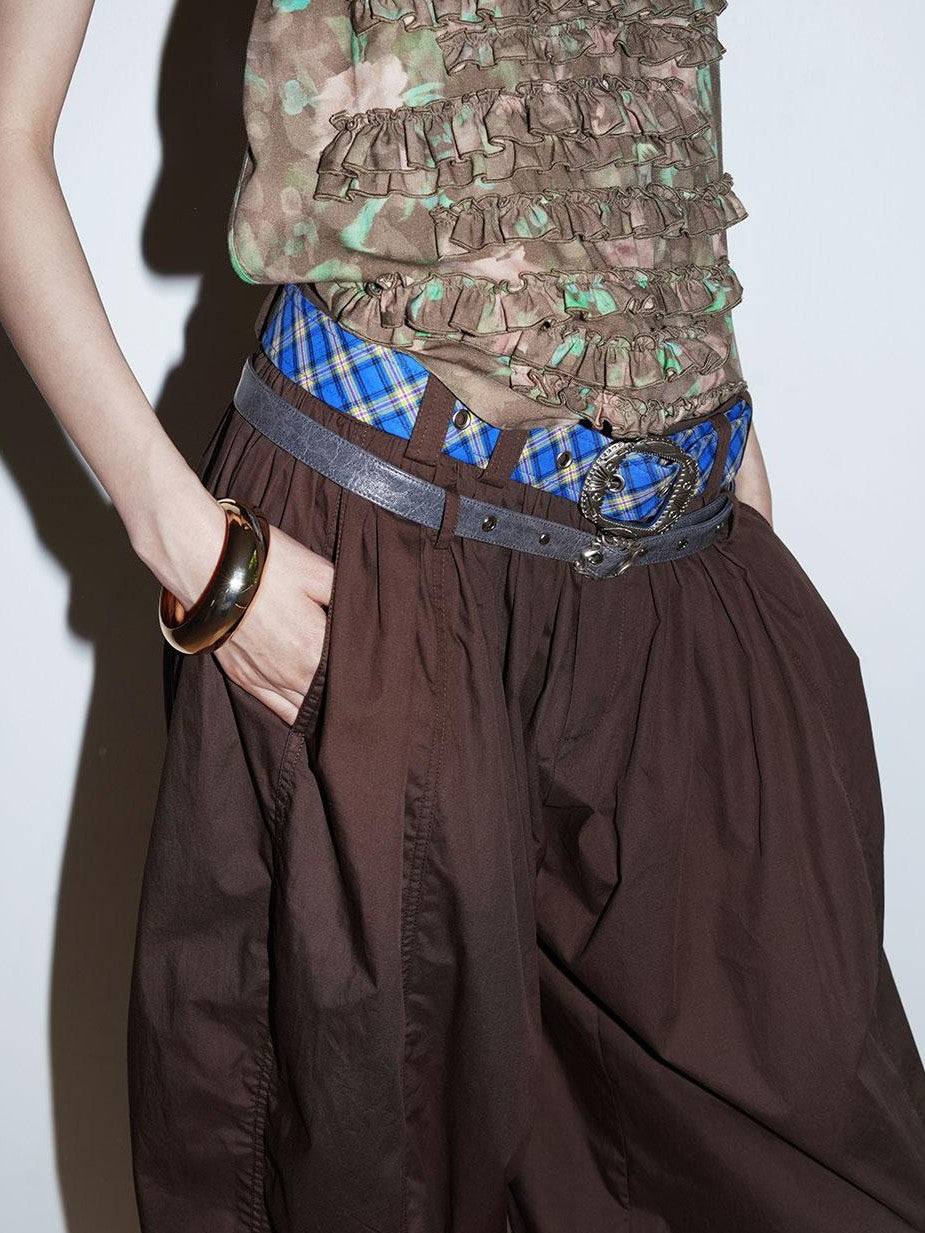 badtaste Western Vintage Solid Balloon Silhouette Cinched Cuff Women's Wide-leg Pants
