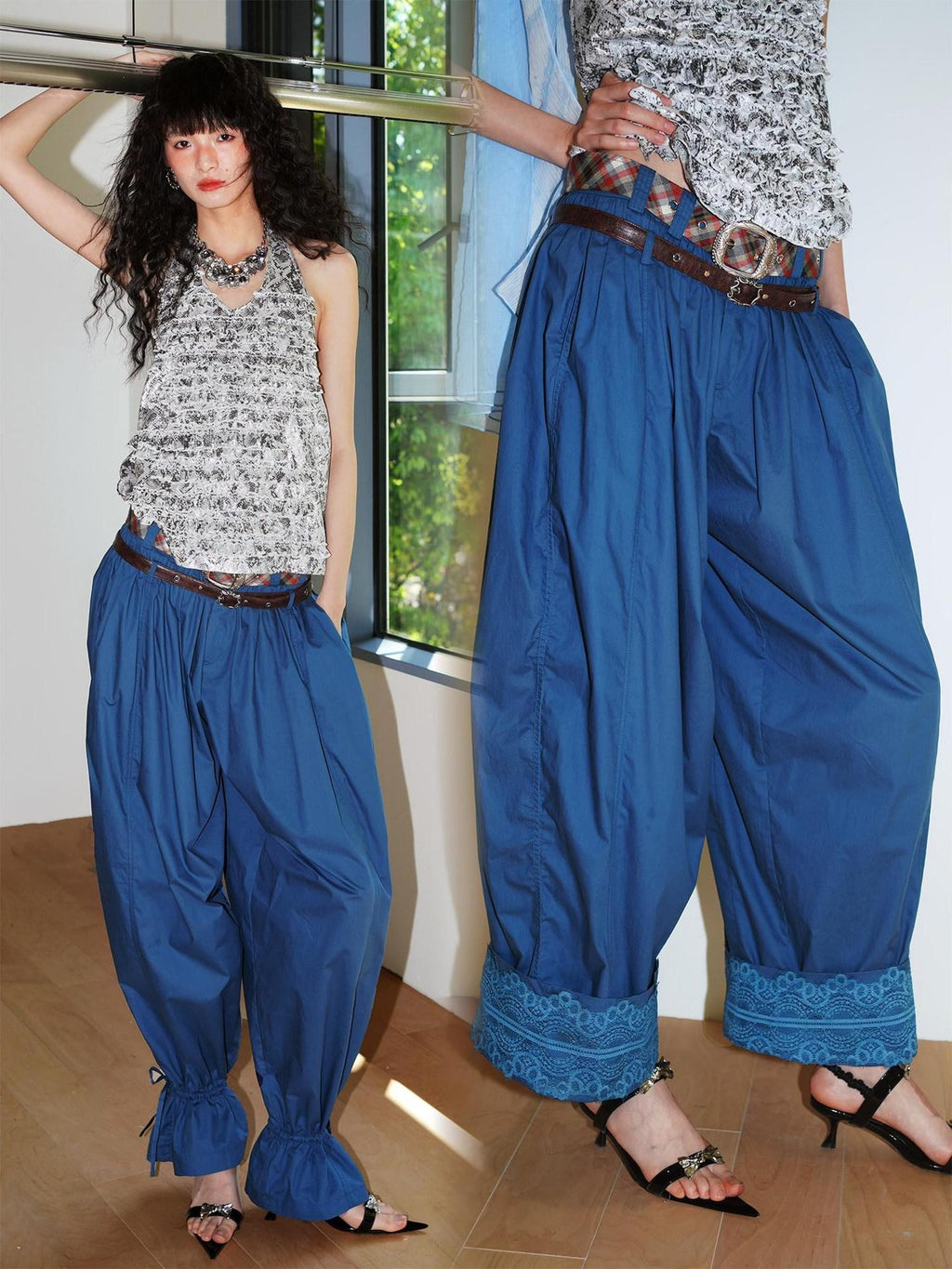badtaste Western Vintage Solid Balloon Silhouette Cinched Cuff Women's Wide-leg Pants