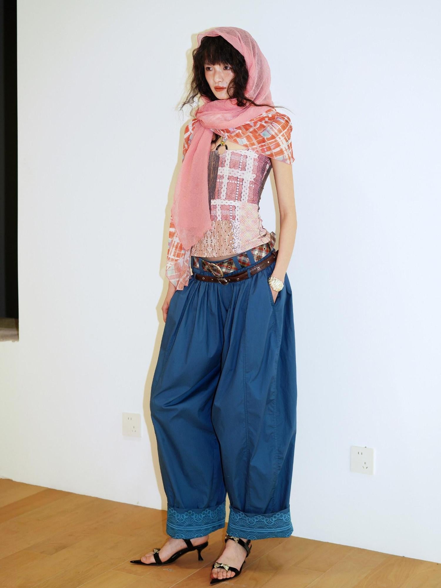 badtaste Western Vintage Solid Balloon Silhouette Cinched Cuff Women's Wide-leg Pants