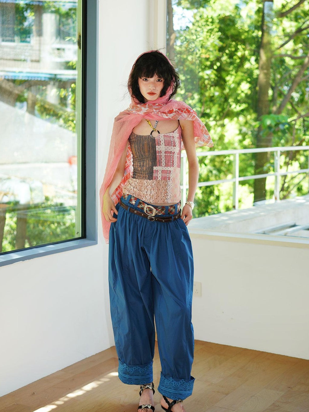 badtaste Western Vintage Solid Balloon Silhouette Cinched Cuff Women's Wide-leg Pants