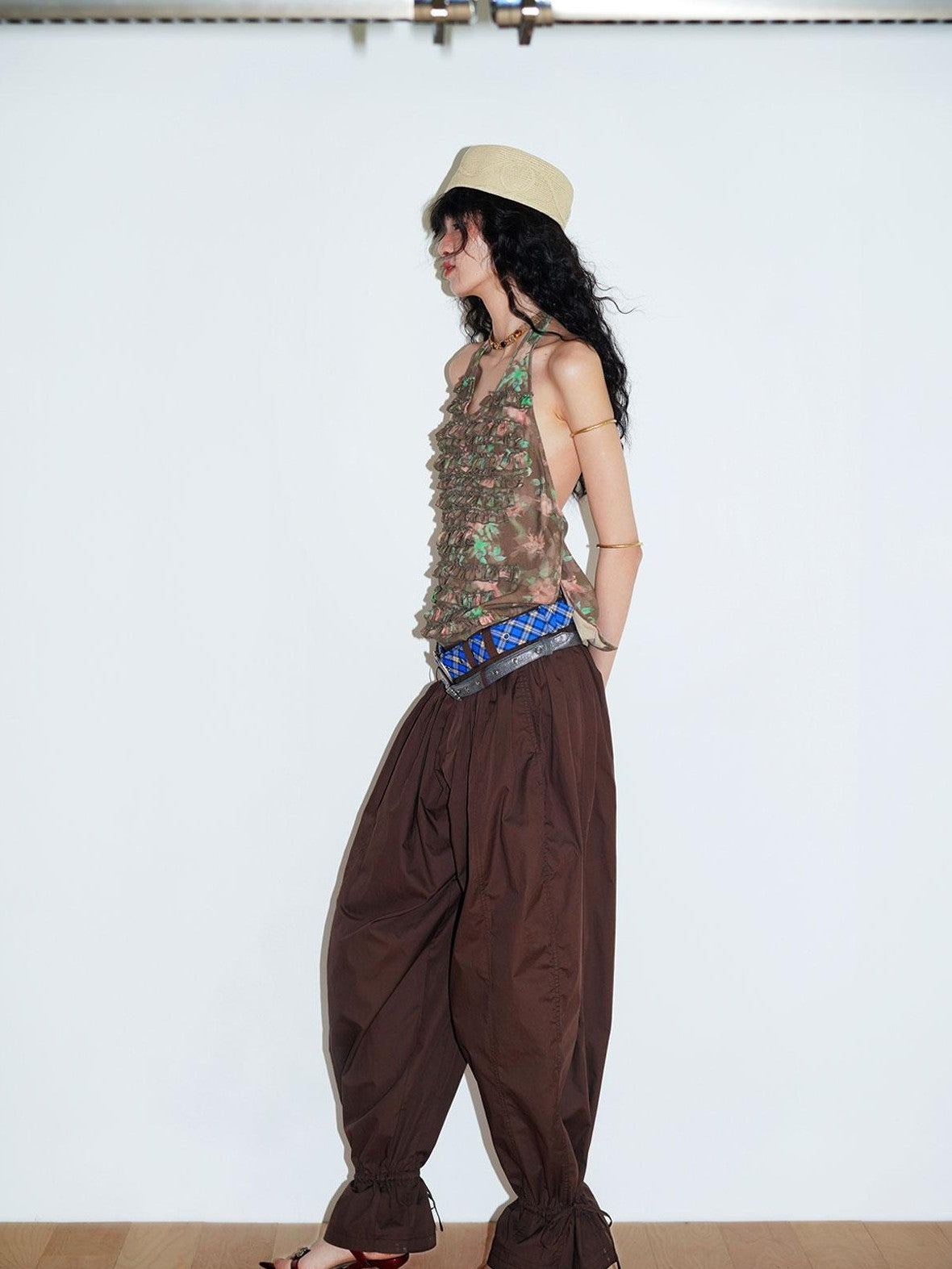 badtaste Western Vintage Solid Balloon Silhouette Cinched Cuff Women's Wide-leg Pants