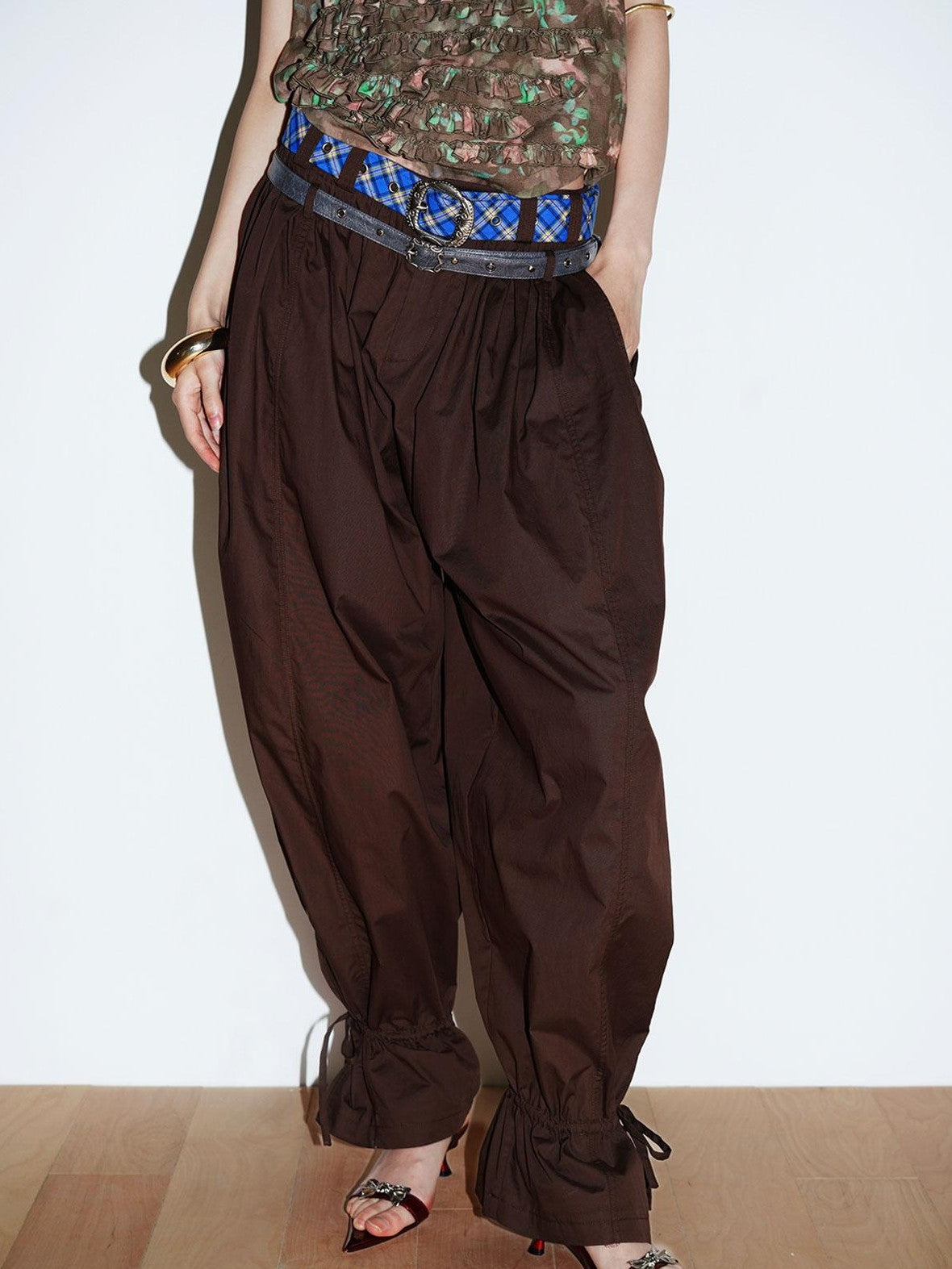badtaste Western Vintage Solid Balloon Silhouette Cinched Cuff Women's Wide-leg Pants