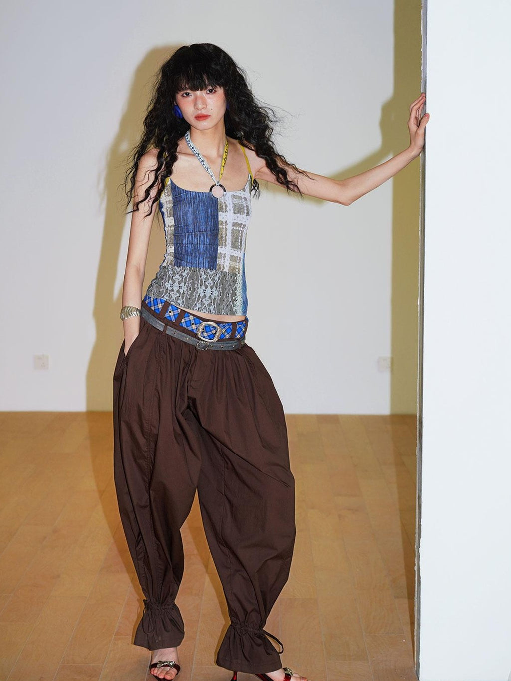 badtaste Western Vintage Solid Balloon Silhouette Cinched Cuff Women's Wide-leg Pants