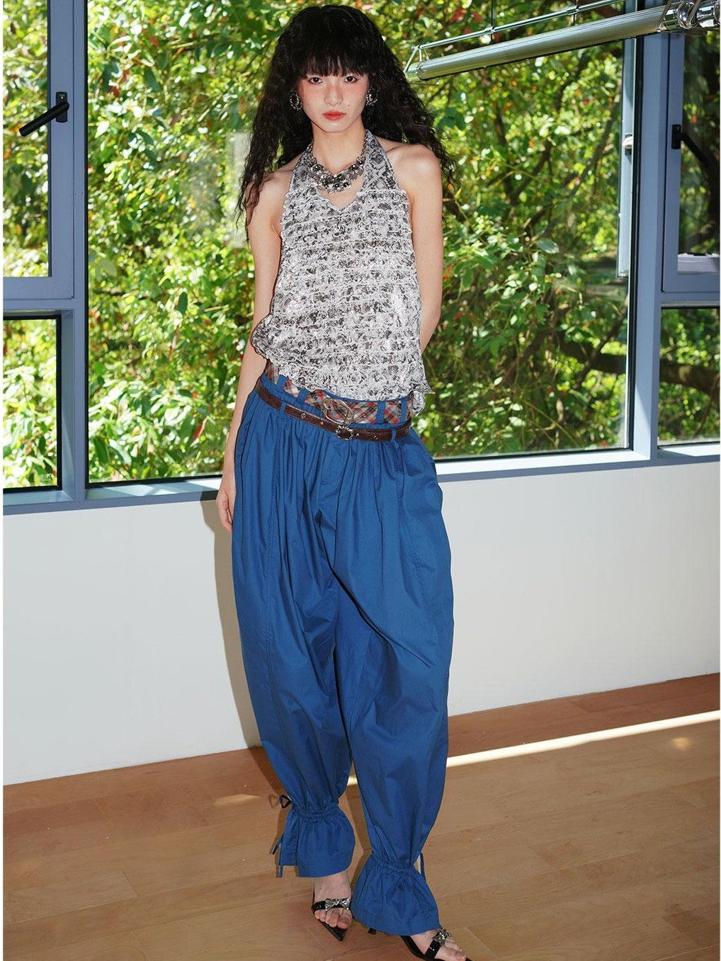 badtaste Western Vintage Solid Balloon Silhouette Cinched Cuff Women's Wide-leg Pants