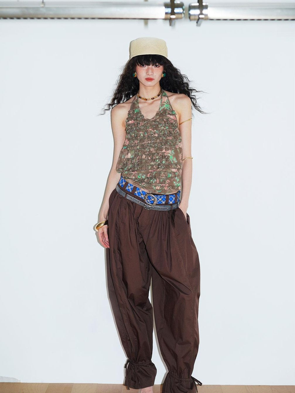 badtaste Western Vintage Solid Balloon Silhouette Cinched Cuff Women's Wide-leg Pants