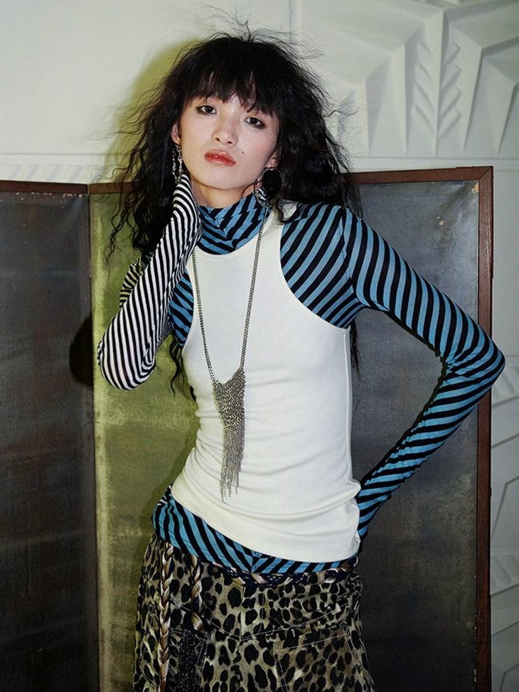badtaste Western Vintage Striped Women's Tencel Wool Blend Long Sleeve T-shirts