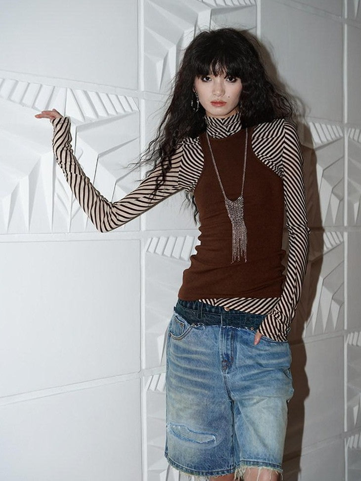 badtaste Western Vintage Striped Women's Tencel Wool Blend Long Sleeve T-shirts