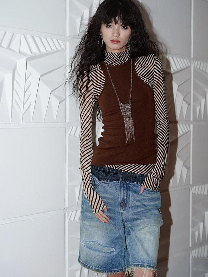 badtaste Western Vintage Striped Women's Tencel Wool Blend Long Sleeve T-shirts