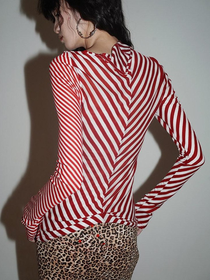 badtaste Western Vintage Striped Women's Tencel Wool Blend Long Sleeve T-shirts