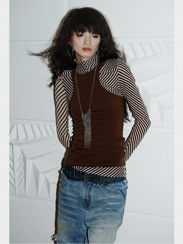 badtaste Western Vintage Striped Women's Tencel Wool Blend Long Sleeve T-shirts