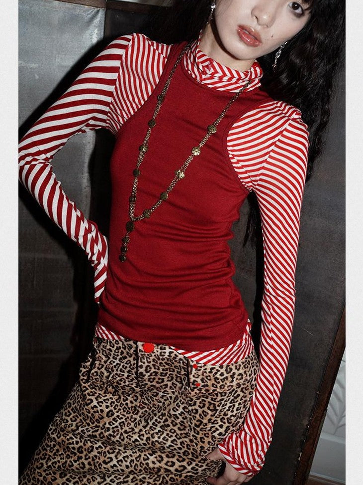 badtaste Western Vintage Striped Women's Tencel Wool Blend Long Sleeve T-shirts