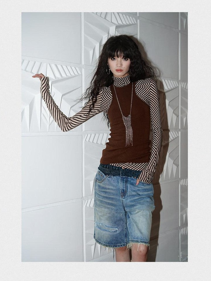 badtaste Western Vintage Striped Women's Tencel Wool Blend Long Sleeve T-shirts