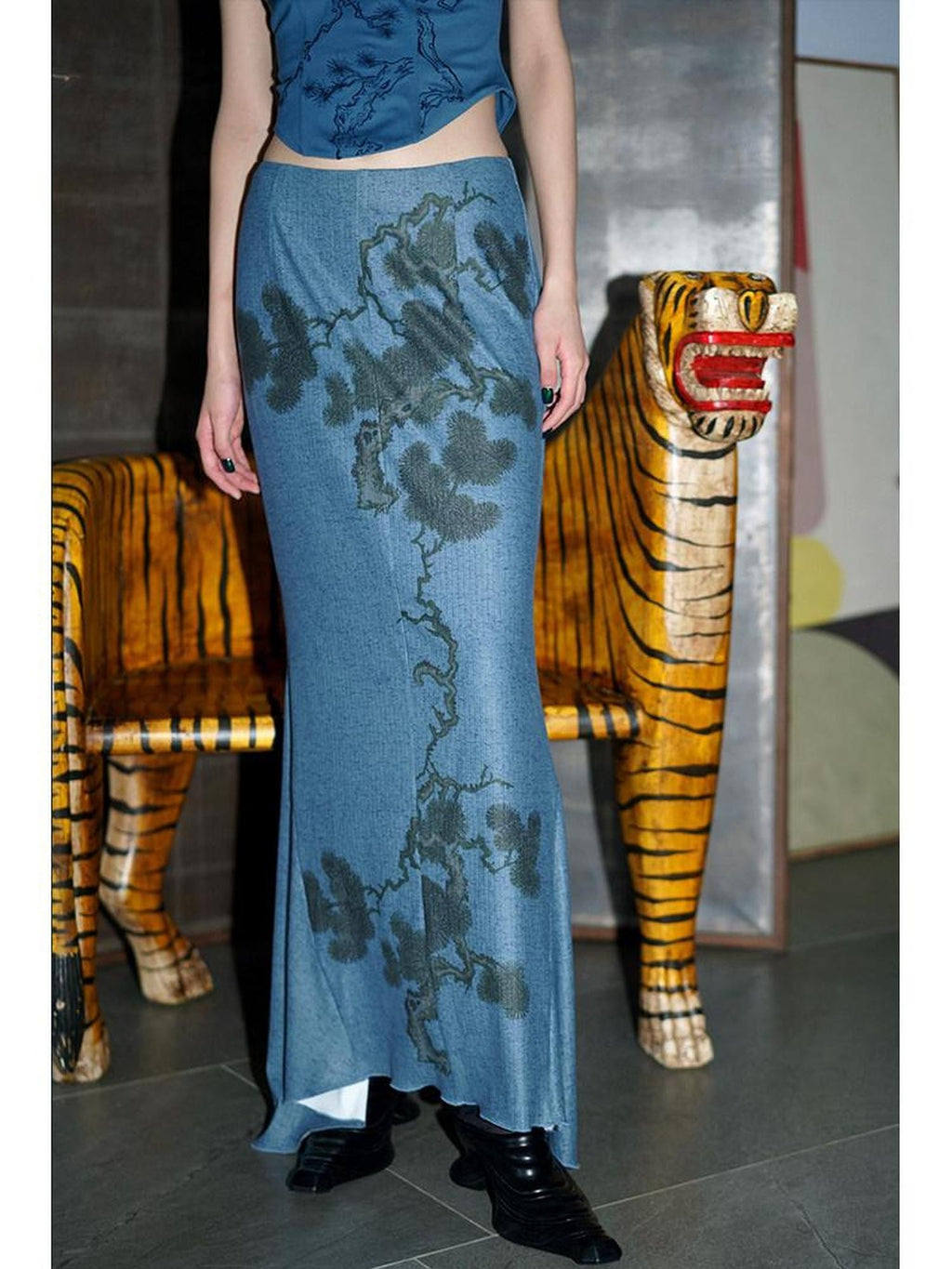 badtaste Wine Red Chinese Print Long Slimming Women's Other Material Mermaid Skirts