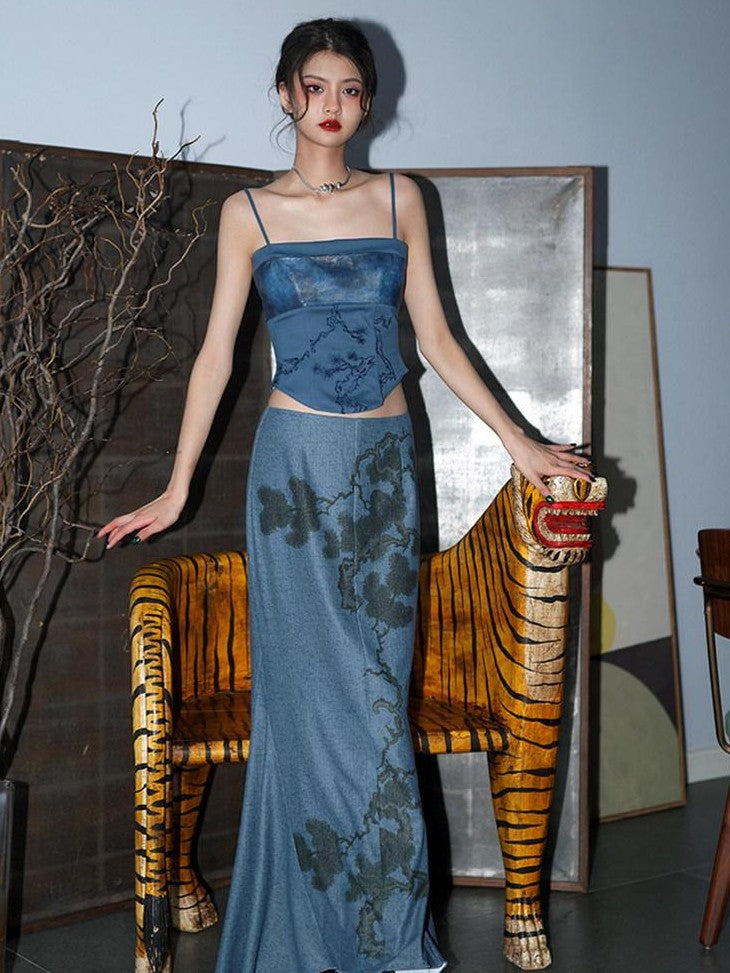 badtaste Wine Red Chinese Print Long Slimming Women's Other Material Mermaid Skirts
