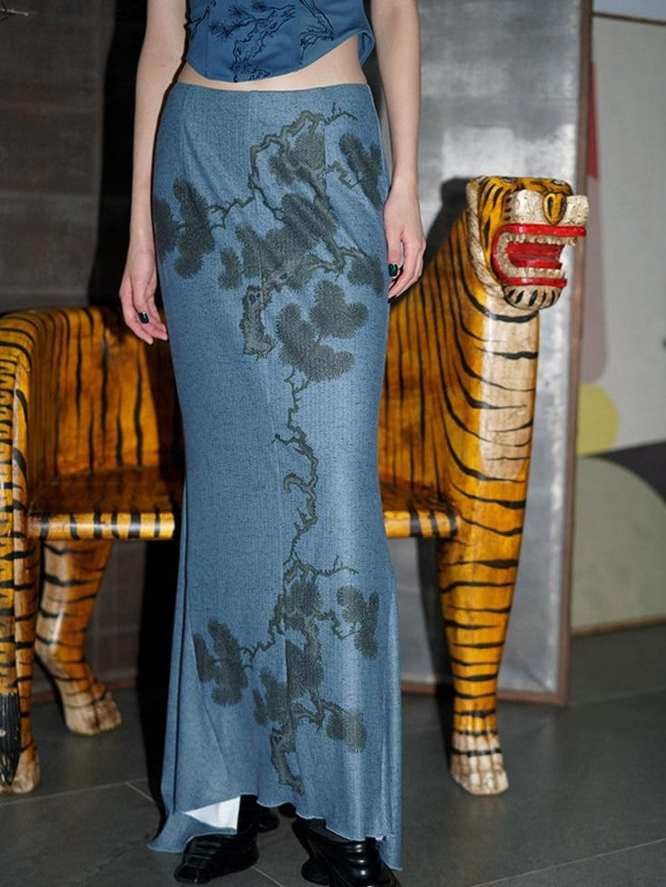 badtaste Wine Red Chinese Print Long Slimming Women's Other Material Mermaid Skirts