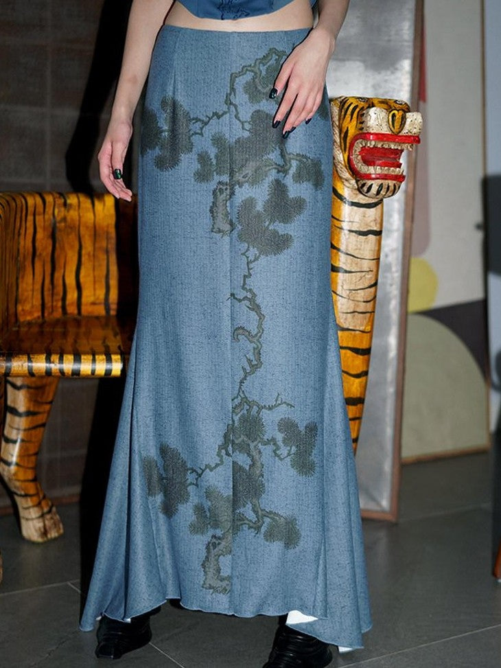 badtaste Wine Red Chinese Print Long Slimming Women's Other Material Mermaid Skirts