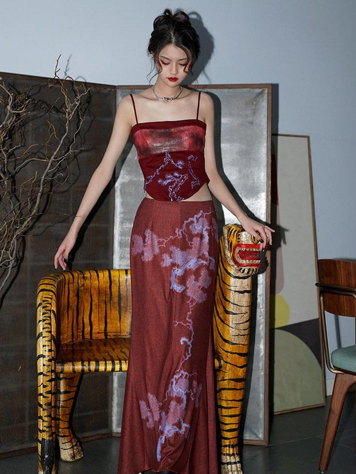 badtaste Wine Red Chinese Print Long Slimming Women's Other Material Mermaid Skirts