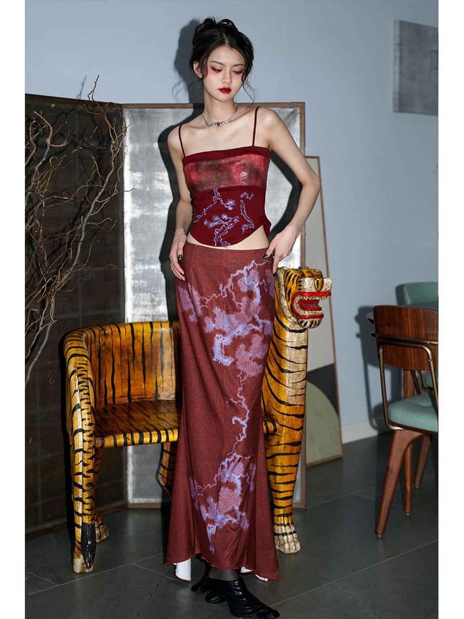 badtaste Wine Red Chinese Print Long Slimming Women's Other Material Mermaid Skirts