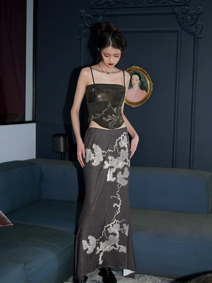 badtaste Wine Red Chinese Print Long Slimming Women's Other Material Mermaid Skirts
