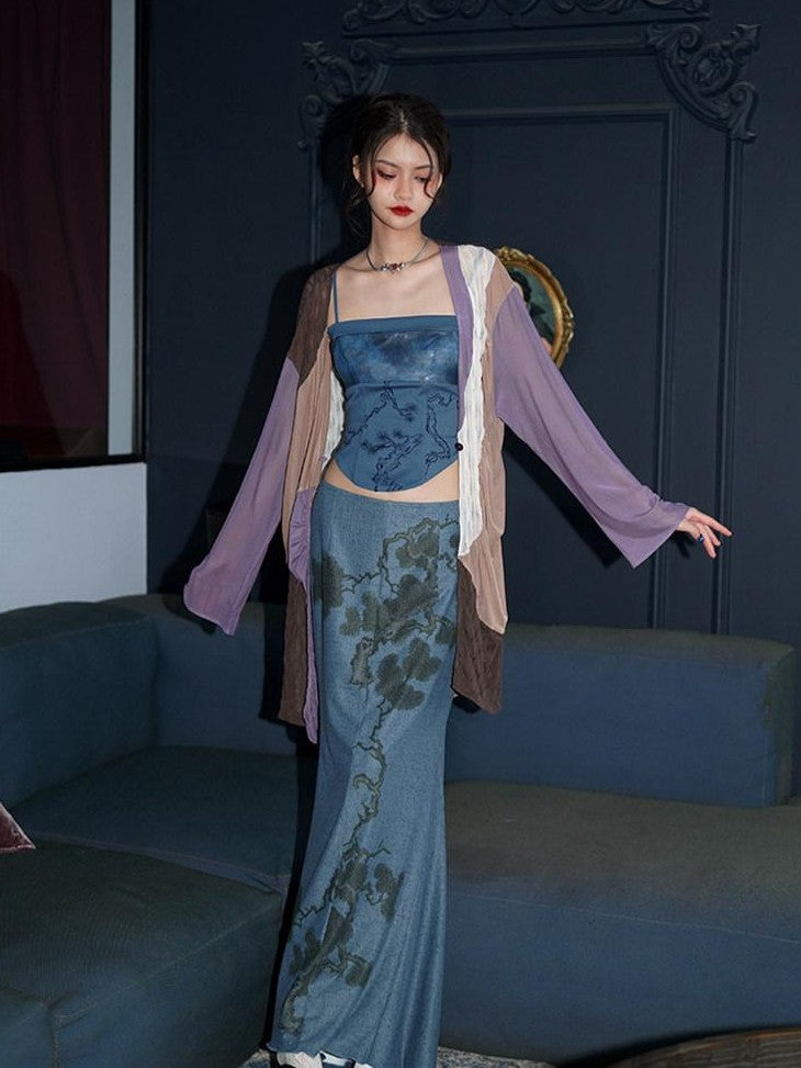 badtaste Wine Red Chinese Print Long Slimming Women's Other Material Mermaid Skirts
