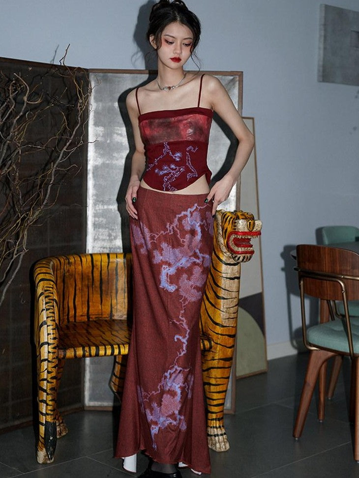 badtaste Wine Red Chinese Print Long Slimming Women's Other Material Mermaid Skirts