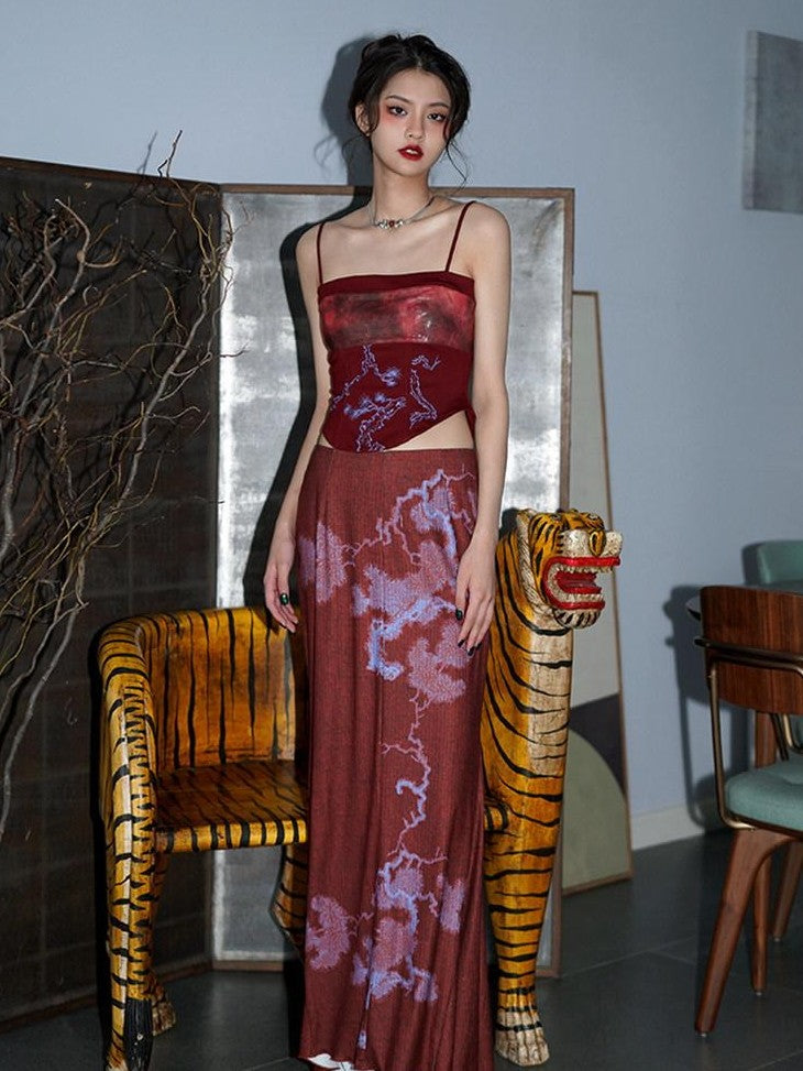 badtaste Wine Red Chinese Print Long Slimming Women's Other Material Mermaid Skirts