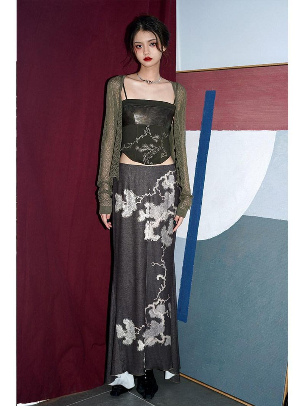 badtaste Wine Red Chinese Print Long Slimming Women's Other Material Mermaid Skirts