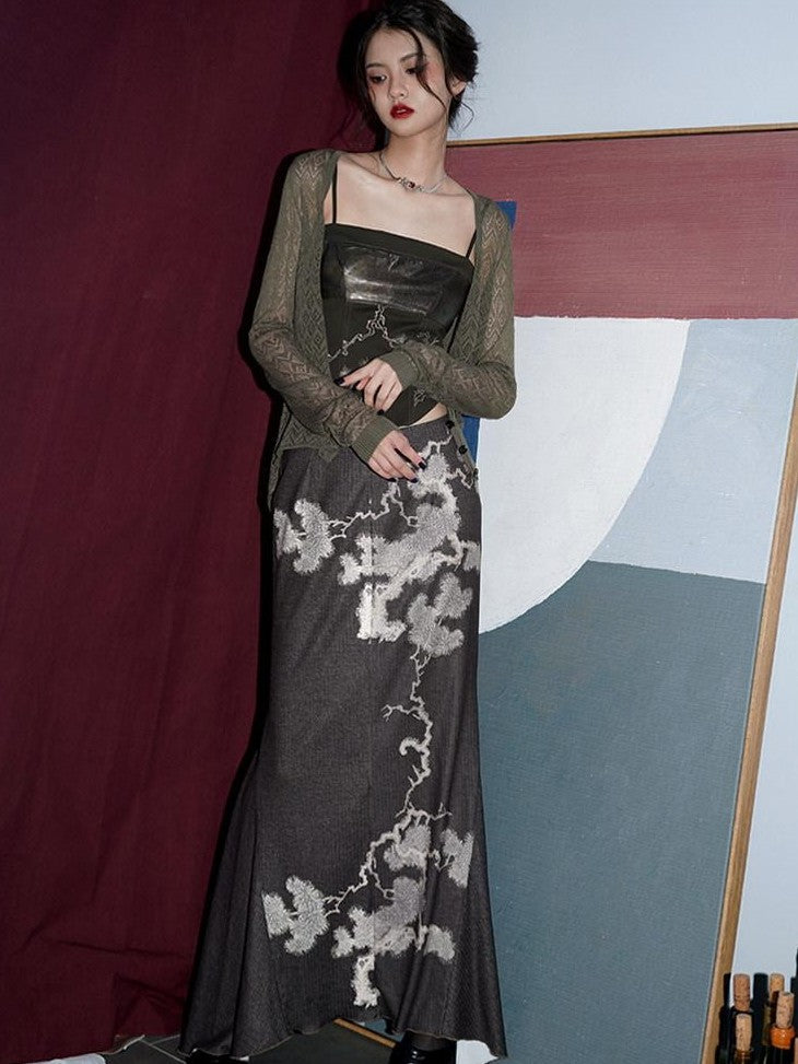 badtaste Wine Red Chinese Print Long Slimming Women's Other Material Mermaid Skirts