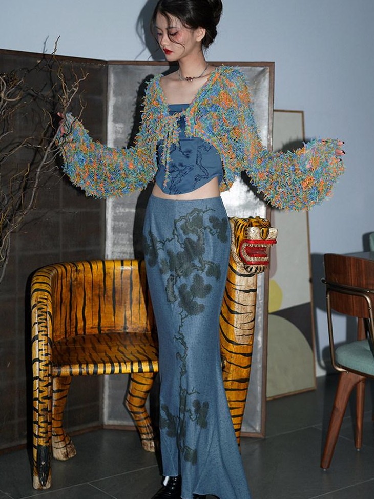 badtaste Wine Red Chinese Print Long Slimming Women's Other Material Mermaid Skirts