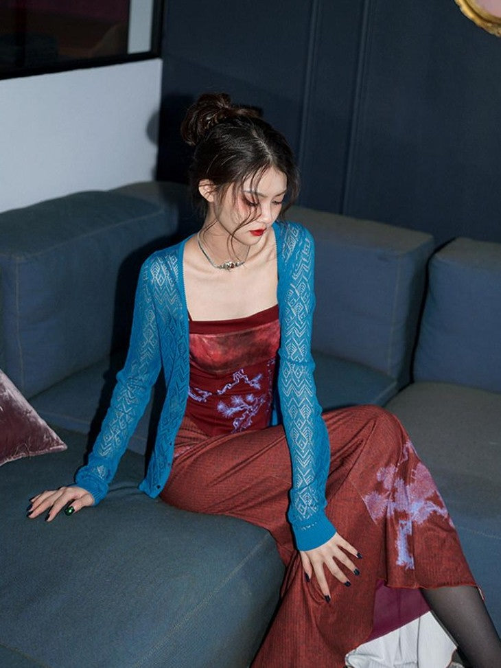 badtaste Wine Red Chinese Print Long Slimming Women's Other Material Mermaid Skirts