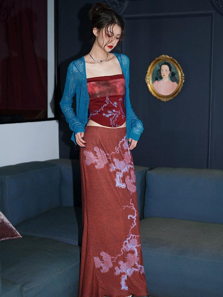 badtaste Wine Red Chinese Print Long Slimming Women's Other Material Mermaid Skirts