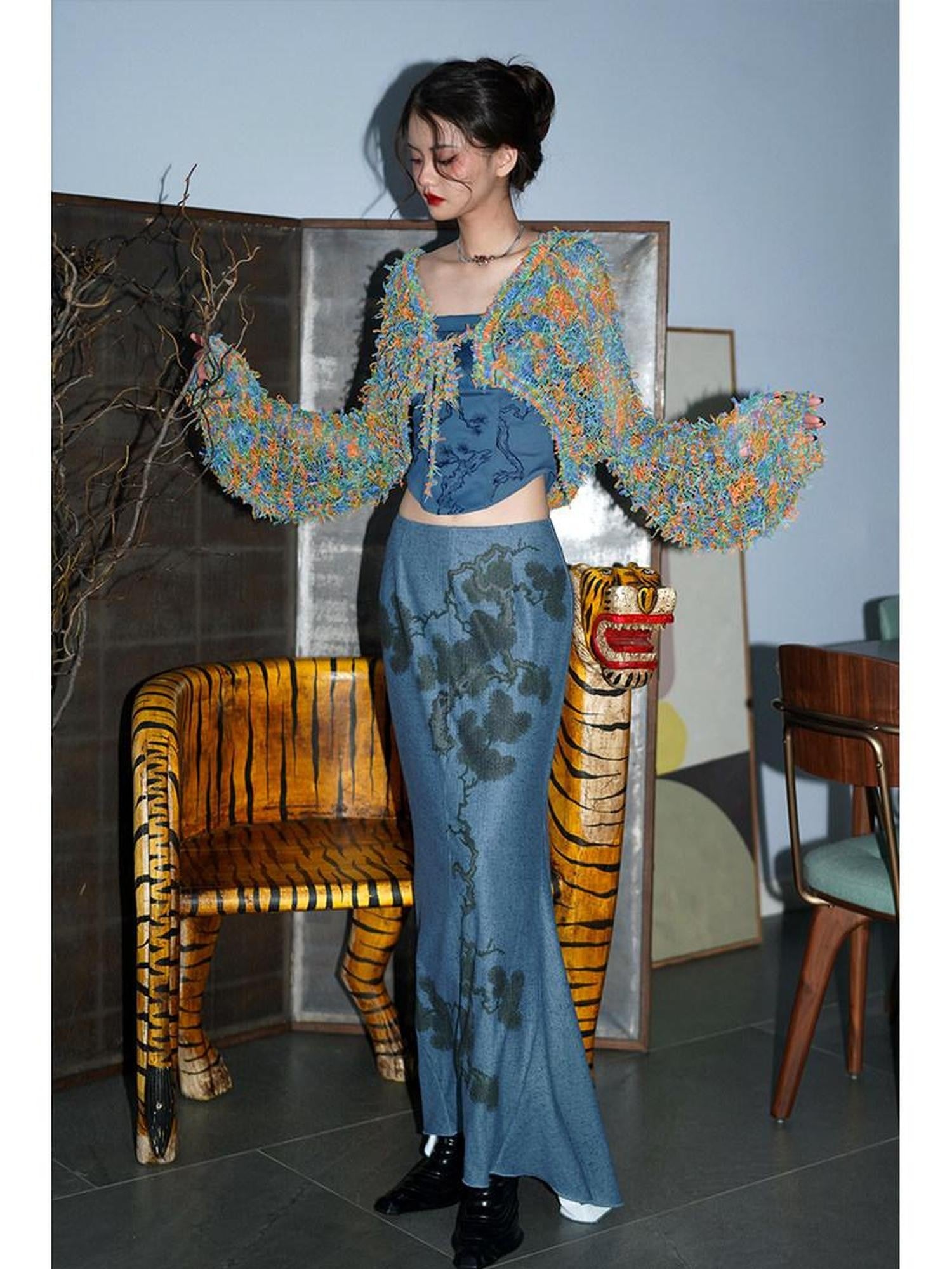 badtaste Wine Red Chinese Print Long Slimming Women's Other Material Mermaid Skirts
