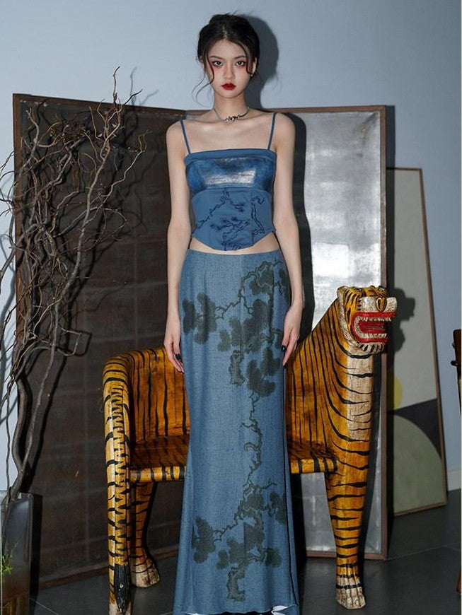 badtaste Wine Red Chinese Print Long Slimming Women's Other Material Mermaid Skirts