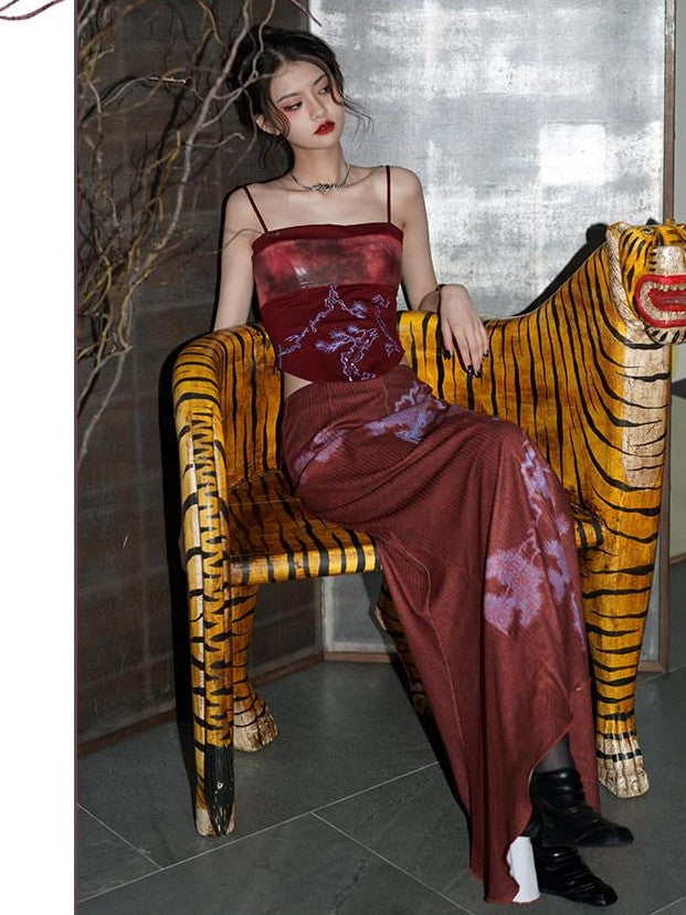 badtaste Wine Red Chinese Print Long Slimming Women's Other Material Mermaid Skirts