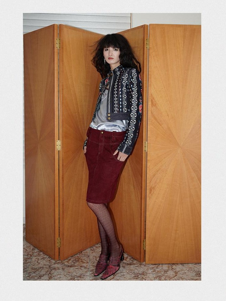 Wine Red Leopard Retro Split Short Slim Women's Suede Pencil Skirts