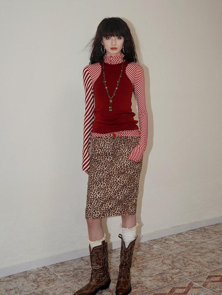 Wine Red Leopard Retro Split Short Slim Women's Suede Pencil Skirts