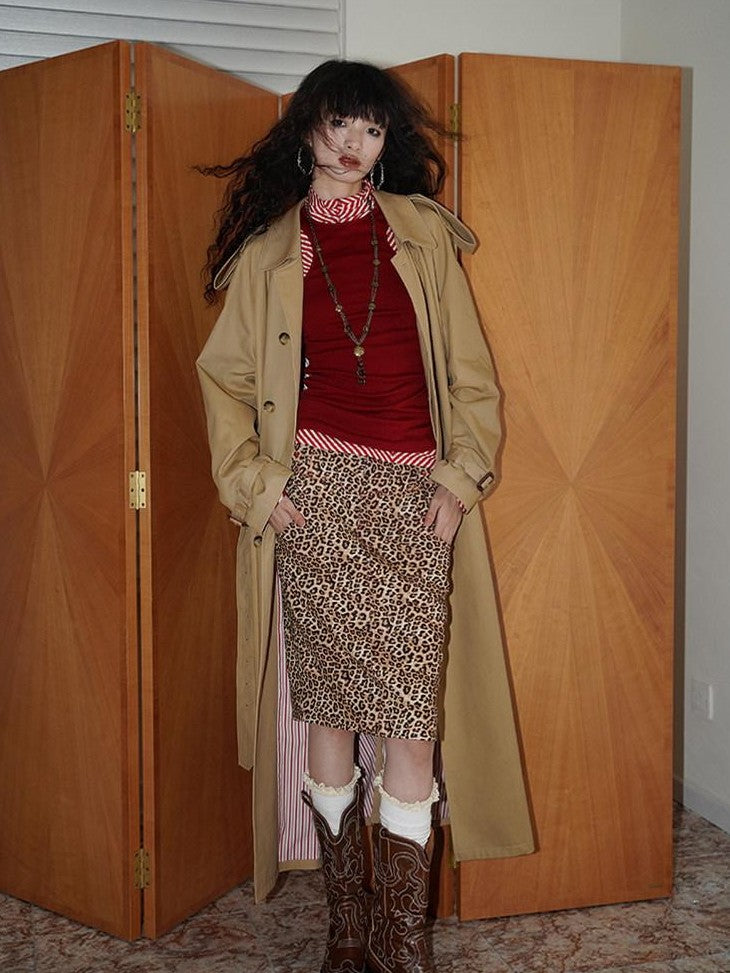 Wine Red Leopard Retro Split Short Slim Women's Suede Pencil Skirts