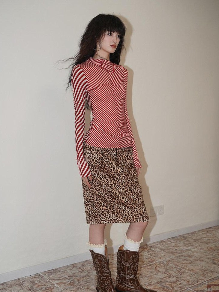 Wine Red Leopard Retro Split Short Slim Women's Suede Pencil Skirts