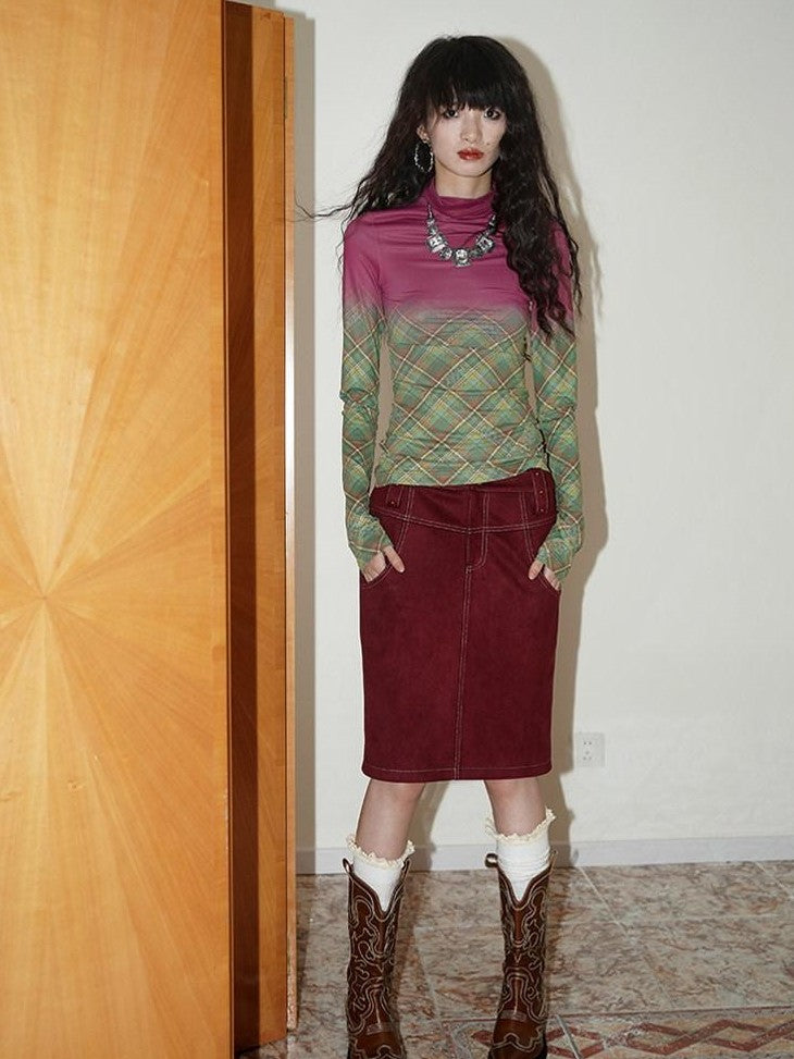 Wine Red Leopard Retro Split Short Slim Women's Suede Pencil Skirts