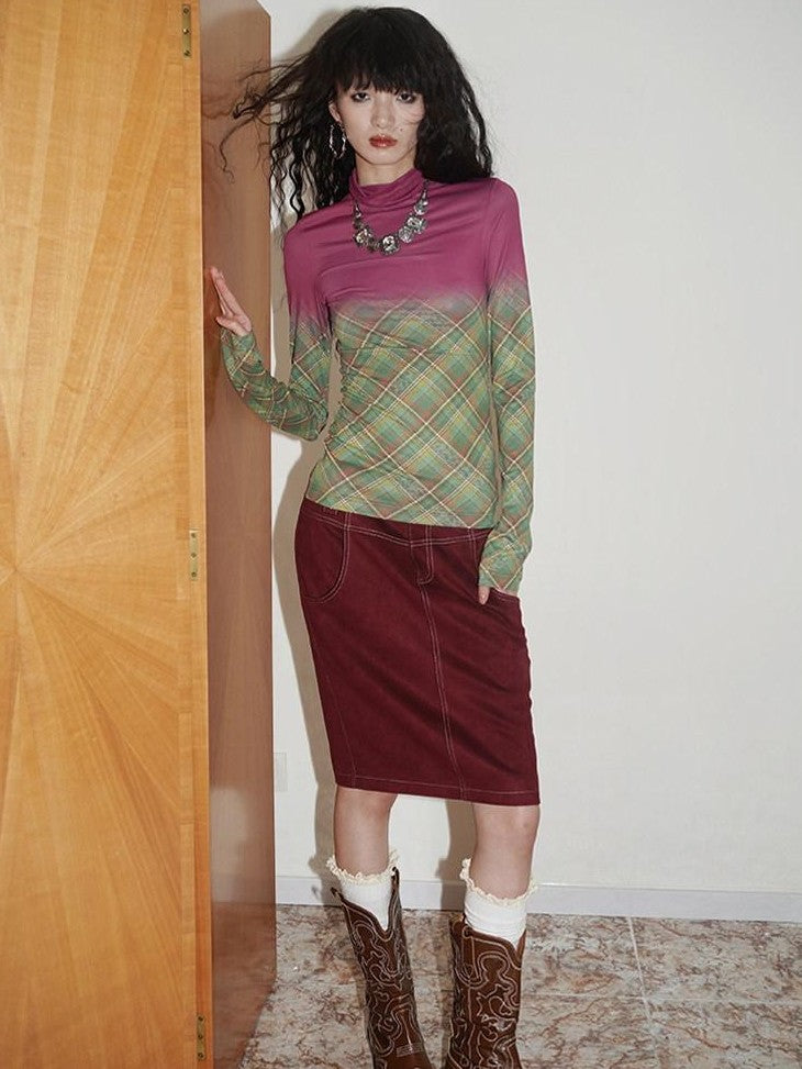 Wine Red Leopard Retro Split Short Slim Women's Suede Pencil Skirts