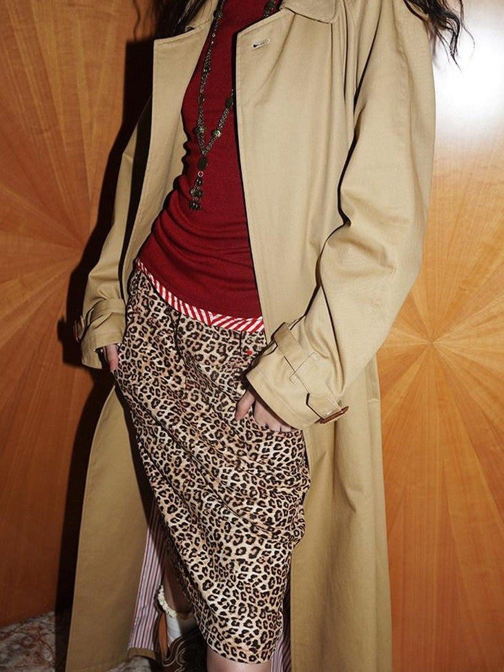 Wine Red Leopard Retro Split Short Slim Women's Suede Pencil Skirts