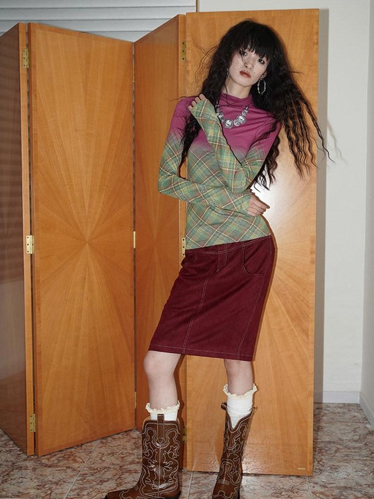 Wine Red Leopard Retro Split Short Slim Women's Suede Pencil Skirts