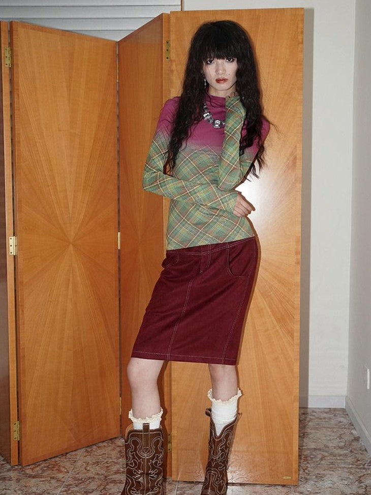 Wine Red Leopard Retro Split Short Slim Women's Suede Pencil Skirts