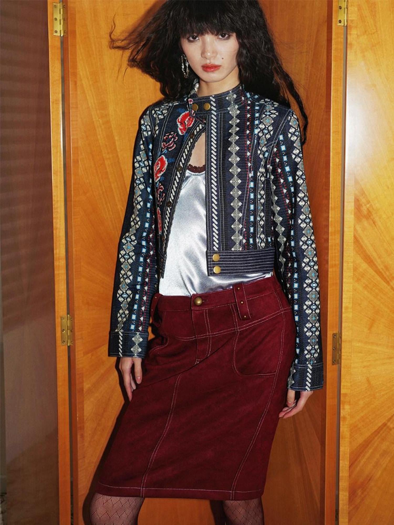 Wine Red Leopard Retro Split Short Slim Women's Suede Pencil Skirts
